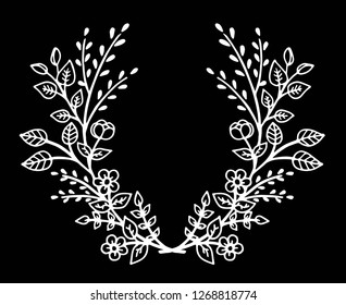 Decorative frame composition with, flowers, ornate elements in doodle style. Floral, ornate, decorative design elements