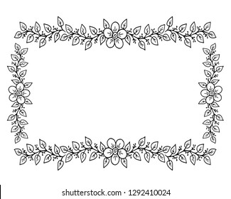 Decorative frame composition with, flowers, ornate elements in doodle style. Floral, ornate, decorative design elements