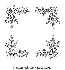 Decorative frame composition with, flowers, ornate elements in doodle style. Floral, ornate, decorative design elements