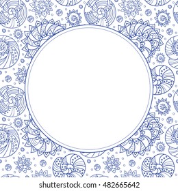 Decorative frame with contour drawing of shells. Textile and wallpaper sea background. Vector illustration