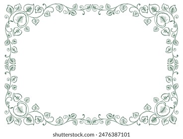 Decorative frame of contour drawings delicate twigs, leaves, tendrils, decor for greetin cards background, vector illustration isolated on white