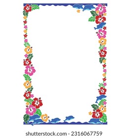 Decorative frame of cute tropical flowers and dolphins,