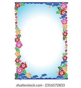 Decorative frame of cute tropical flowers and dolphins,