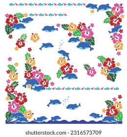 Decorative frame of cute tropical flowers and dolphins,