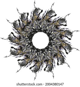 Decorative frame in dark colors with feather and arrow elements on white. Detailed frame splashes for holidays and events, prints on T-shirts, textiles, backgrounds and textures, etc.