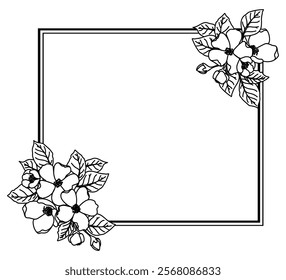 Decorative frame with delicate flowers and leaves. Borders decorated with hand drawn delicate flowers, branches, leaves, flower. Vector frame with flowers of jasmine, apple. Vector illustration