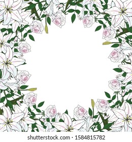 Decorative frame of delicate white roses and lilies on a white background. Wedding luxury flowers. Hand drawing. Stock vector illustration.