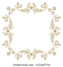 Decorative frame for design with floral ornament. An elegant element of golden color. A template for printing postcards or invitations, for textiles, engraving, wooden furniture, forging. Vector.
