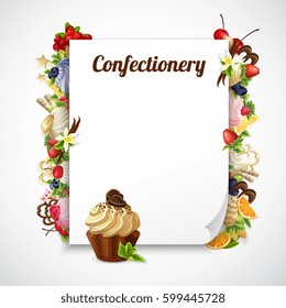 Decorative frame with desserts and cupcake around paper sheet with curved corner and inscription confectionery vector illustration