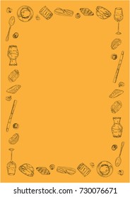 Decorative frame of different kind hand drawn outline glassware, sea shells, croissant, bun, culinary product and cutlery on orange backdrop