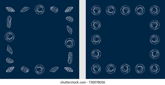 Decorative frame with different kind of hand drawn outline pastries and cup on dark backdrop