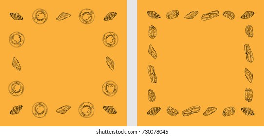 Decorative frame with different kind of hand drawn outline pastries and cup on orange background