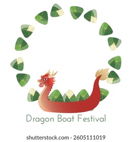Decorative frame for Dragon Boat Festival with zongzi, rice and Dragon boat. Vector illustration for Duanwu Festival on white background