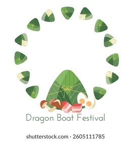 Decorative frame for Dragon Boat Frame with zongzi, rice, eggs, pork, shiitak mushrooms. Vector illustration for Duanwu Festival on white background