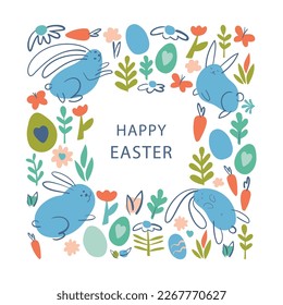 Decorative frame for Easter eggs. Greeting card with Easter eggs, flowers and leaves. Easter egg vector flat hand draw illustration