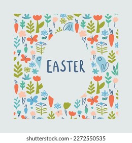 Decorative frame for Easter eggs. Greeting card with Easter eggs, flowers and leaves. Easter egg vector flat hand draw illustration