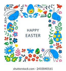 Decorative frame for Easter eggs. Greeting card with Easter eggs, flowers and leaves. Easter egg vector flat hand draw illustration