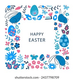 Decorative frame for Easter eggs. Greeting card with Easter eggs, flowers and leaves. Easter egg vector flat hand draw illustration