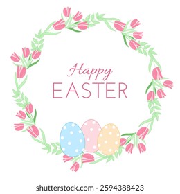 Decorative frame for Easter Festival: flowers tulip, plants, eggs. Design elements for spring celebration. Vector illustration for invitations, cards, banners