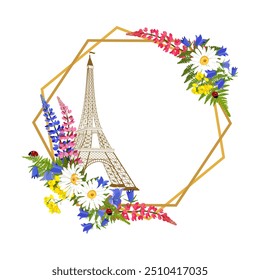 Decorative frame with Eiffel tower, wild flowers and ladybugs. Wreath with frame for your text.