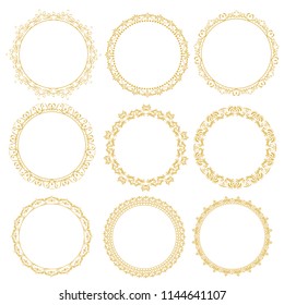 Decorative frame. Elegant vector element for design in Eastern style, place for text. Golden outline floral border. Lace illustration for invitations and greeting cards