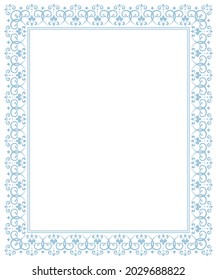 Decorative frame Elegant vector element for design in Eastern style, place for text. Floral blue and white border. Lace illustration for invitations and greeting cards