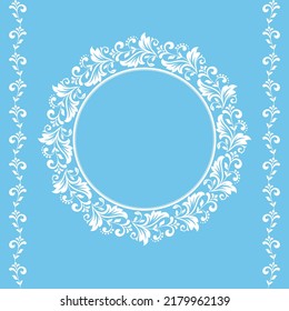 Decorative frame Elegant vector element for design in Eastern style, place for text. Floral blue and white border. Lace illustration for invitations and greeting cards