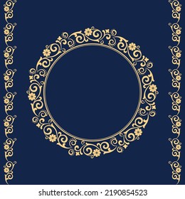 Decorative frame Elegant vector element for design in Eastern style, place for text. Floral golden and dark blue border. Lace illustration for invitations and greeting cards