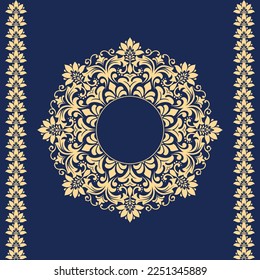 Decorative frame Elegant vector element for design in Eastern style, place for text. Floral golden and dark blue border. Lace illustration for invitations and greeting cards