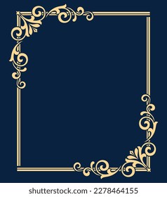 Marco decorativo Elemento vector elegante para el diseño en estilo oriental, lugar para el texto. Borde dorado floral y azul oscuro. Ilustración de encaje para invitaciones y tarjetas de felicitación