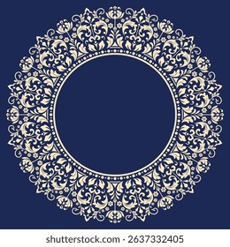 Decorative frame Elegant vector element for design in Eastern style, place for text. Floral golden and dark blue border. Lace illustration for invitations and greeting cards