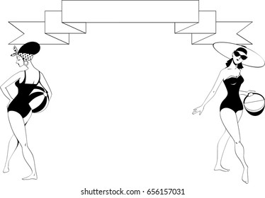 Decorative frame with a empty banner and two beautiful retro models, EPS 8 vector illustration, no white objects, black only