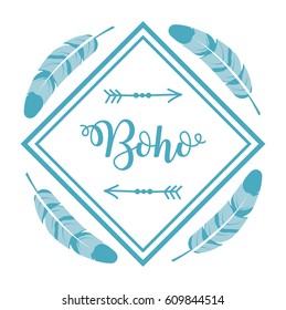 decorative frame with feathers around over white background. colorful design. boho style concept. vector illustration