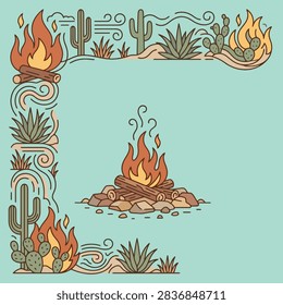 A decorative frame featuring desert plants and a campfire scene
