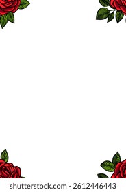 A decorative frame featuring vibrant vector red roses with green leaves, set against a blank white background. Ideal for invitations, greeting cards, or romantic themes.