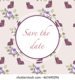 Decorative Frame. Floral Design Pattern with rose and butterfly. Save the Date Frame.