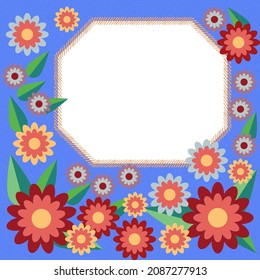  Decorative frame from floral elements on a blue background for invitations to the holiday.