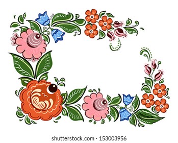 Decorative frame with floral elements in Russian traditional style (Gorodets) on isolated white background. Vector