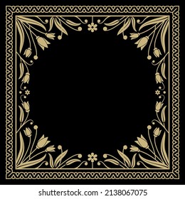 Decorative frame with floral ornament. Golden on a black background. Vector template for the design of cards, wedding invitations