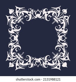 Decorative frame with floral ornament in medieval style. Vector illustration. White print with rough texture on black background