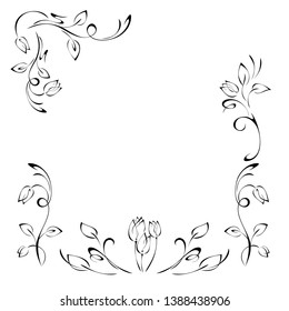 decorative frame with floral ornament and vignettes in black lines on a white background