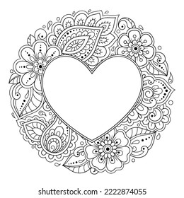 Marco decorativo con estampado floral en forma de corazón al estilo mehndi. Página del libro de colorear antiestrés. Ornamento de garabato en blanco y negro. Ilustración vectorial de dibujo manual de contorno.