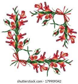 Decorative frame of flowers Alstroemeria with ribbon. Vector illustration
