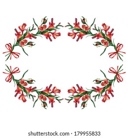 Decorative frame of flowers Alstroemeria with ribbon. Vector illustration