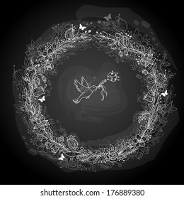 Decorative frame of  flowers and bird on a black background
