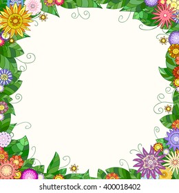 Decorative frame from flowers and leaves. Hand-drawn and painted. Vector graphics.