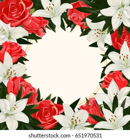 Decorative frame of flowers of red roses and white lilies with leaves.