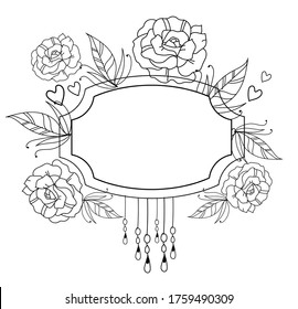 decorative frame with flowes and hearts, simple ilustration for greeting card or banner, vector icon or button, eps 10