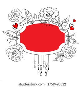 marco decorativo con flores y corazones, ilustración simple para tarjeta de saludo o pancarta, icono vectorial o botón, eps 10