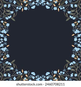 Decorative frame with forget-me-nots. Floral wreath, an elegant decoration for greeting cards to be used for Mother's Day, weddings, anniversaries or other celebrations.